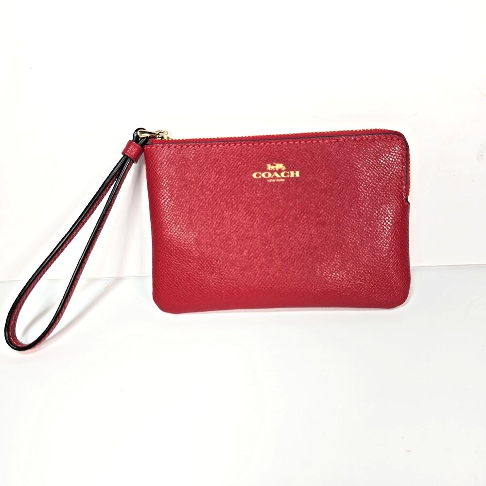 Coach 58032 Corner Zip Wristlet Red Crossgrain Leather Wallet Pouch Bag